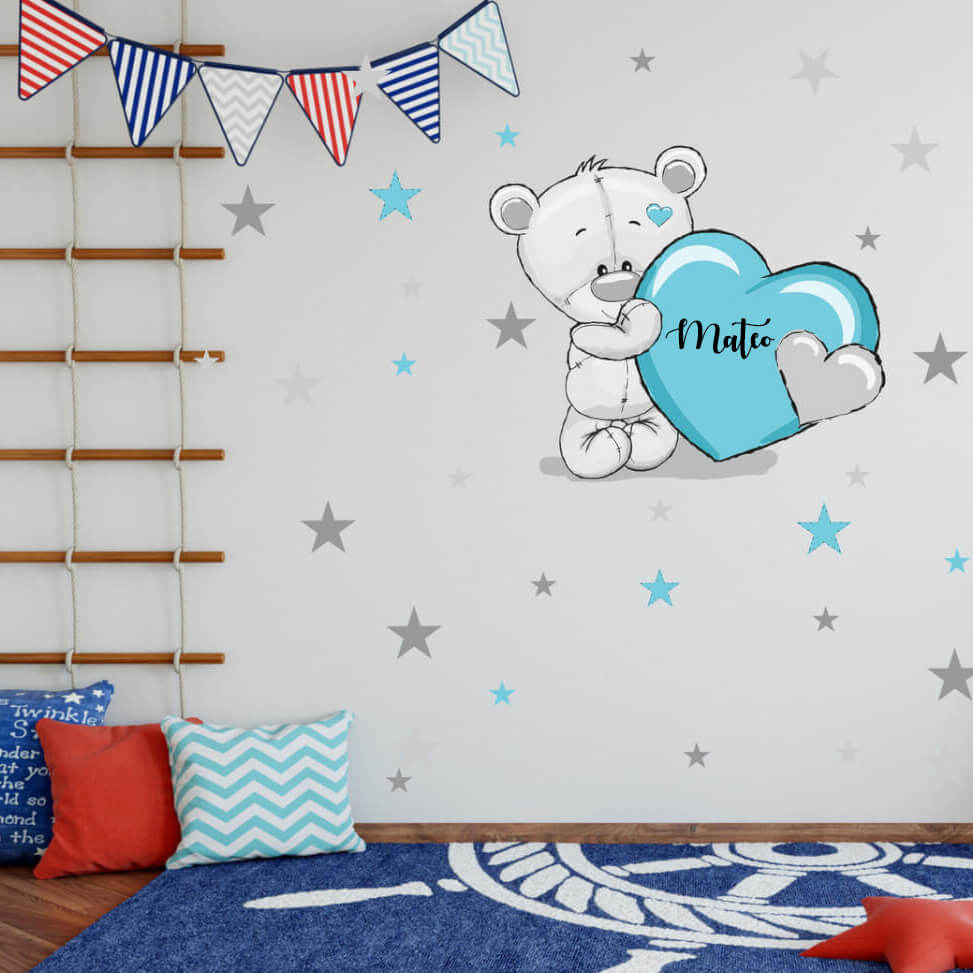 Adhesivos infantiles para pared: osito azul con estrellas y nombre