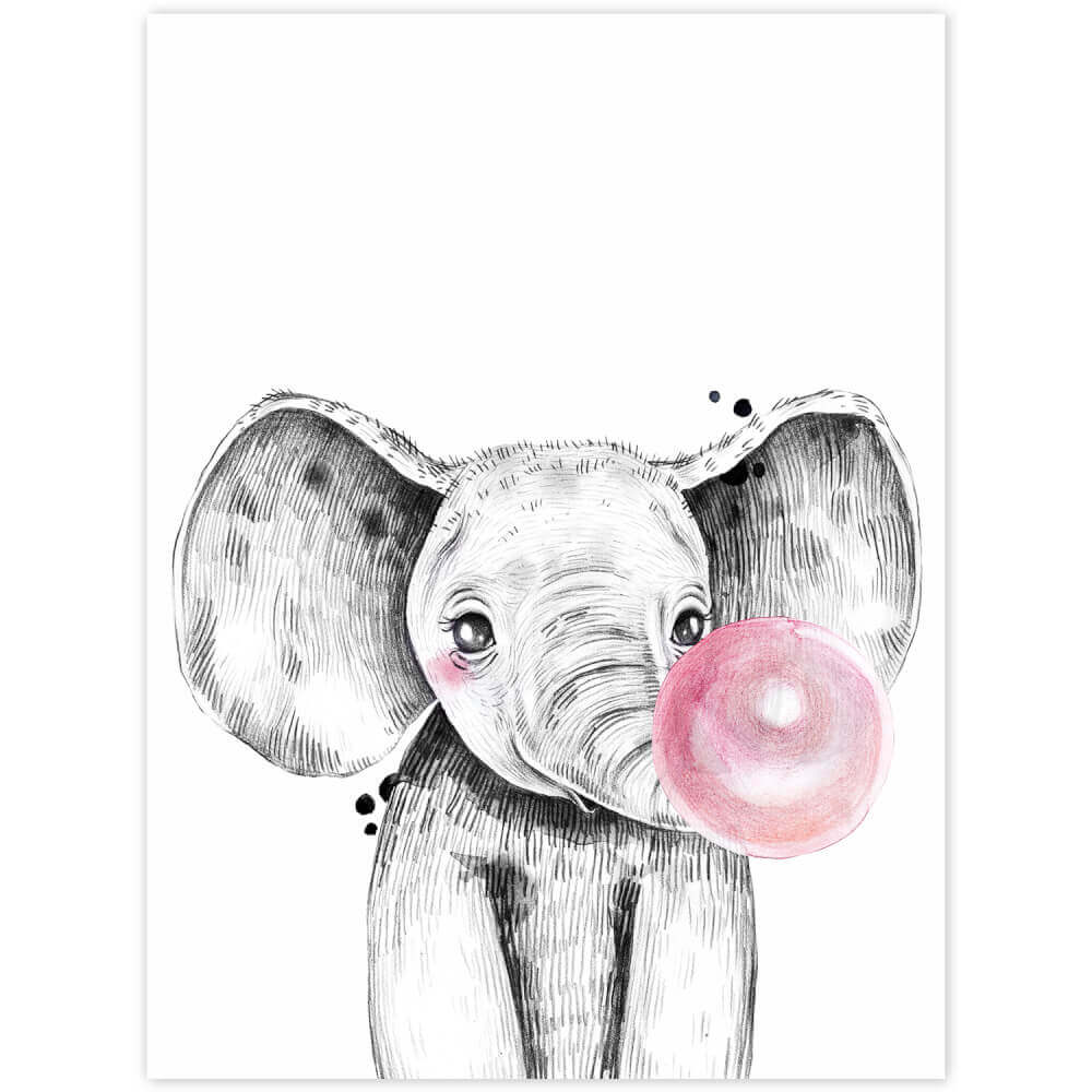 Cuadro para la pared - Elefante con una burbuja rosa